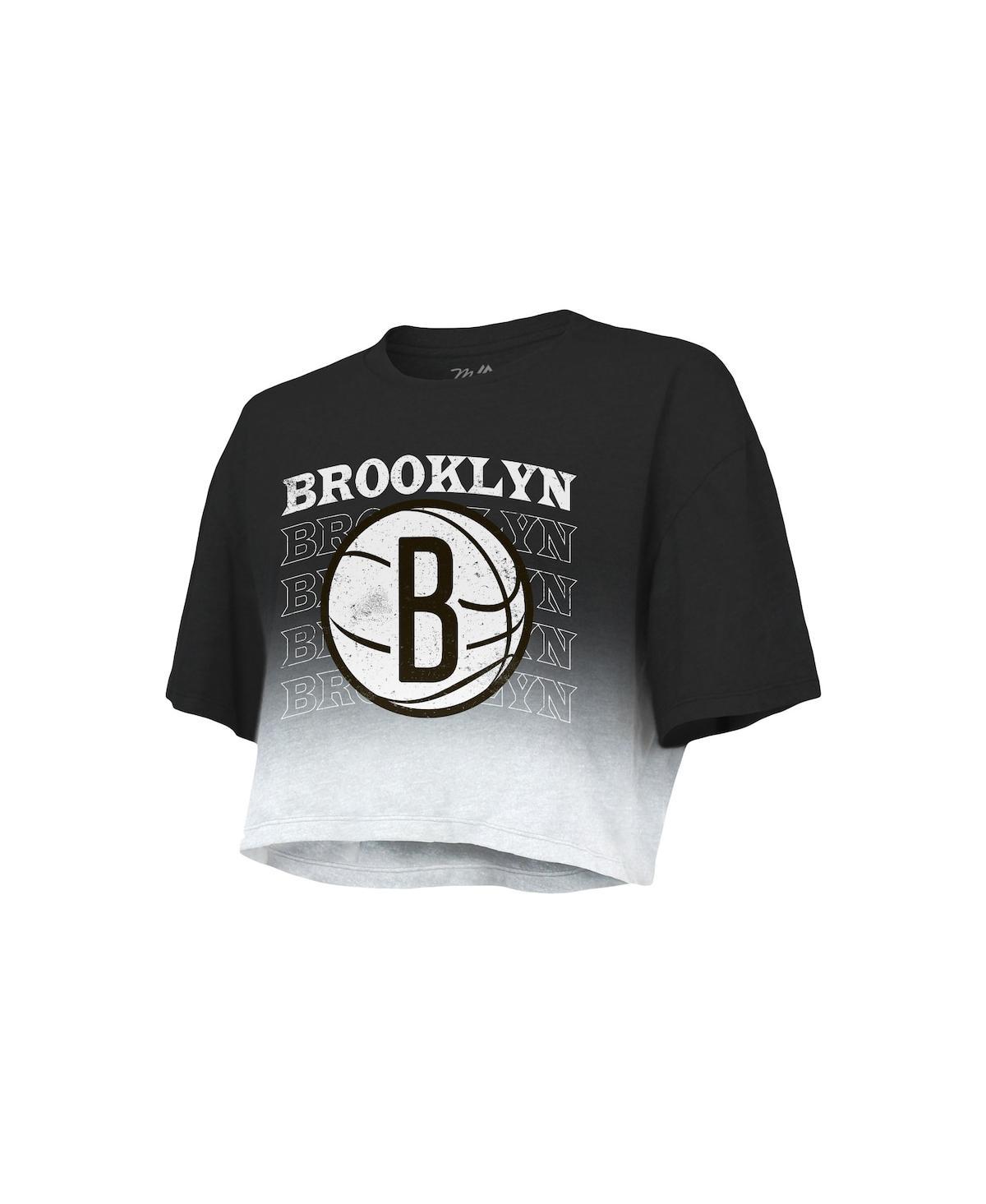 Women's Threads Black and White Brooklyn Nets Repeat Dip-Dye Cropped T-shirt