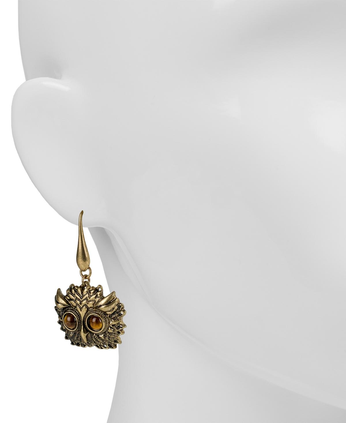 Gold-Tone Tiger's Eye Owl Head Drop Earrings