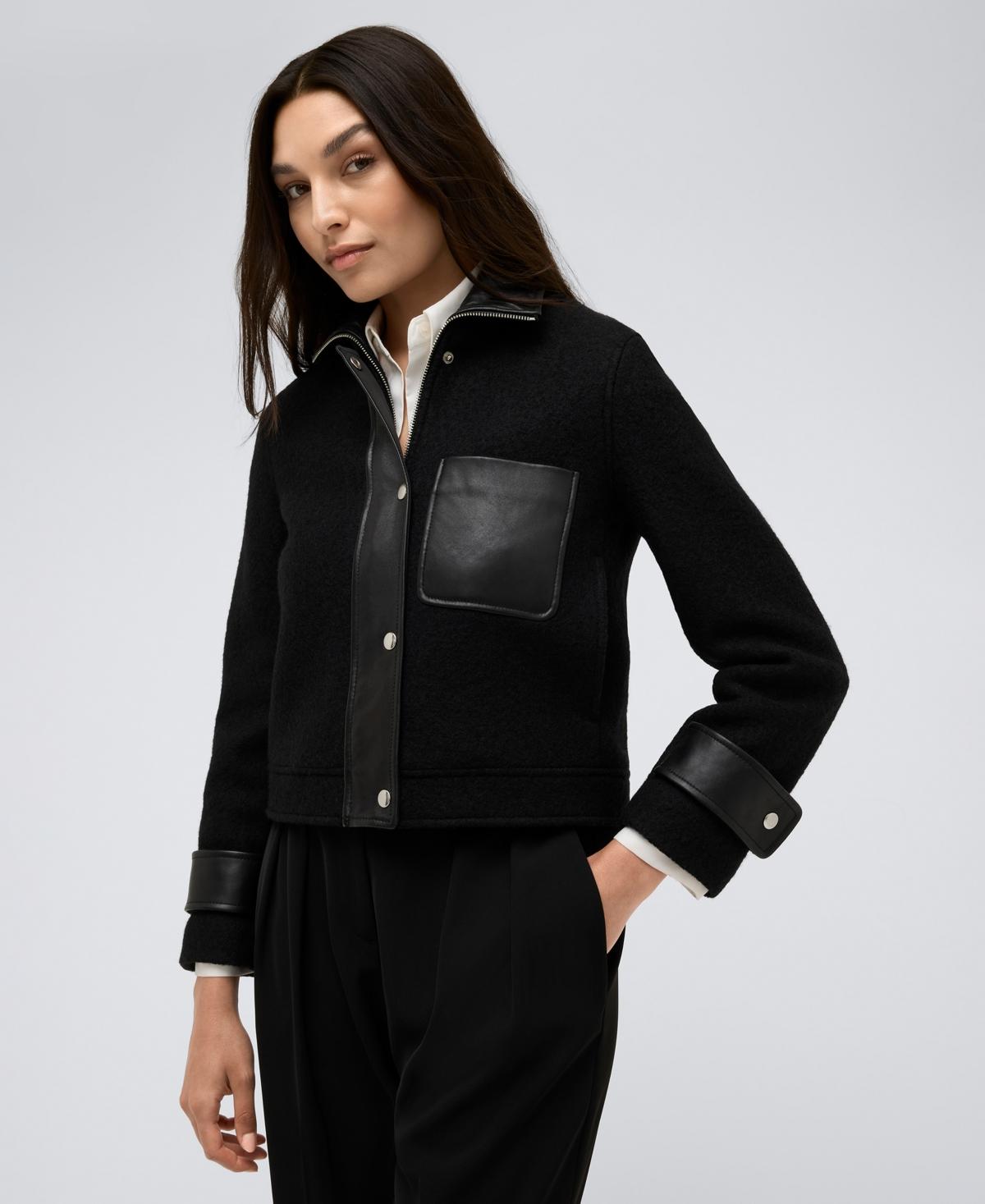 Women's Cropped Boxy Faux-Leather-Trim Moto Jacket