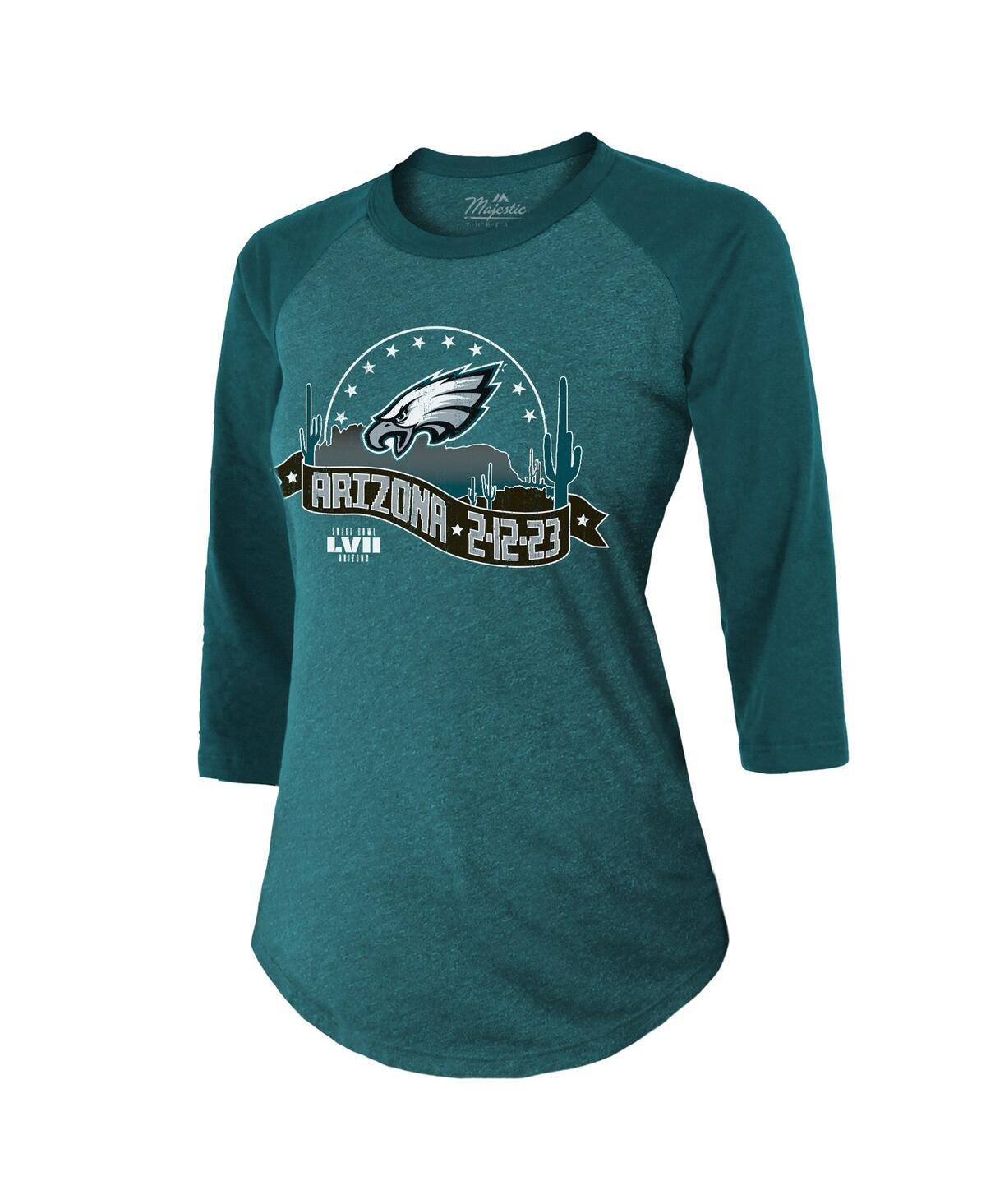 Women's Threads Midnight Green Philadelphia Eagles Super Bowl LVII Desert Tri-Blend Raglan 3/4 Sleeve T-shirt