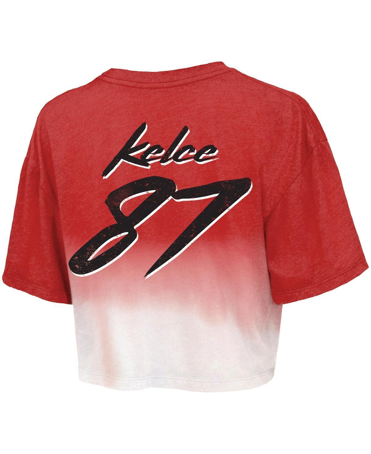 Women's Threads Travis Kelce Red, White Distressed Kansas City Chiefs Super Bowl LVIII Dip-Dye Player Name and Number Crop Top