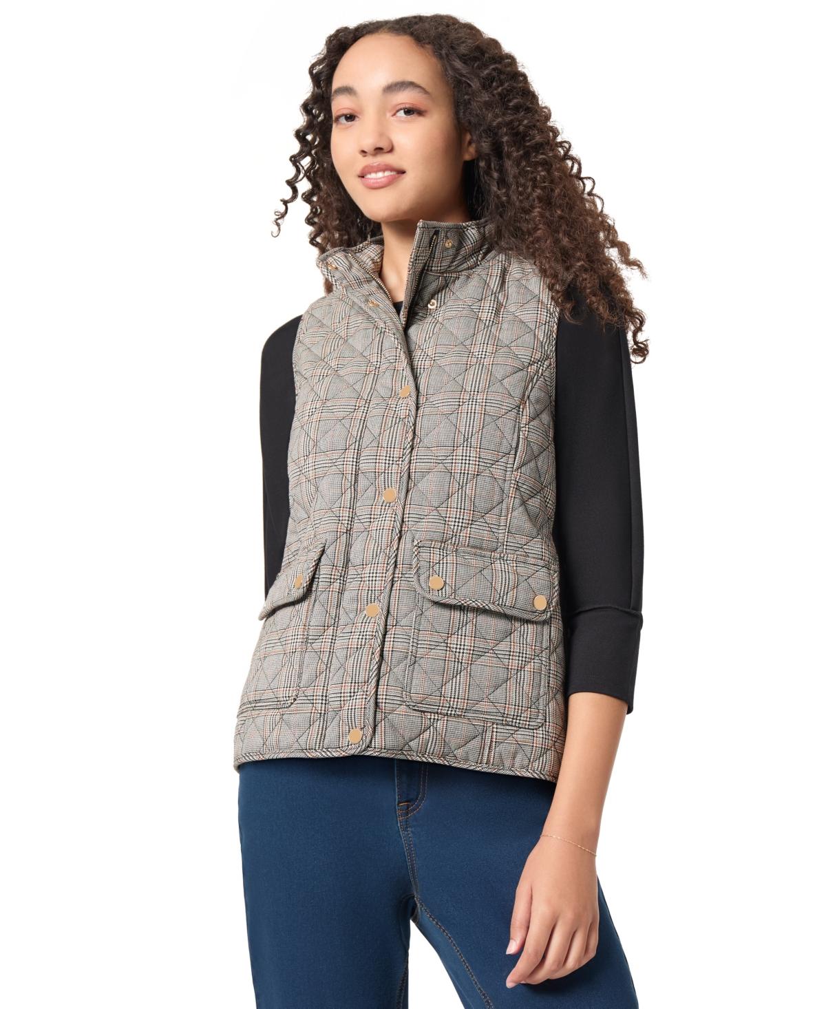 Women's Quilted Plaid Patch Pocket Vest with Snaps and Zipper Jacket