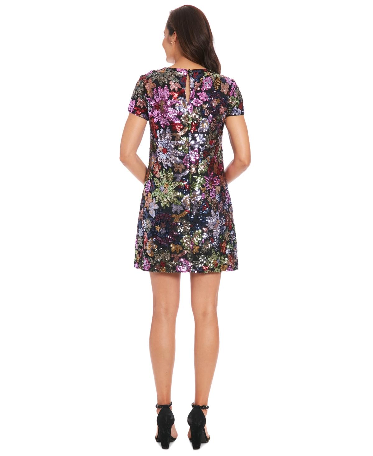 Petite Floral-Sequin Round-Neck T-Shirt Dress