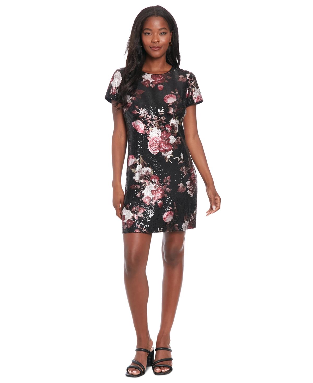 Petite Floral-Sequin Short-Sleeve Dress