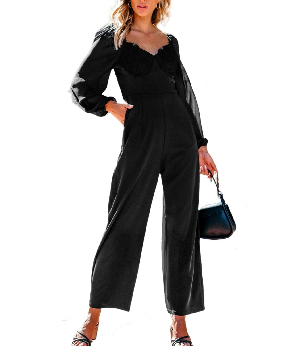 Women's Black Lace Trim Diamond Neck Wide Leg Jumpsuit