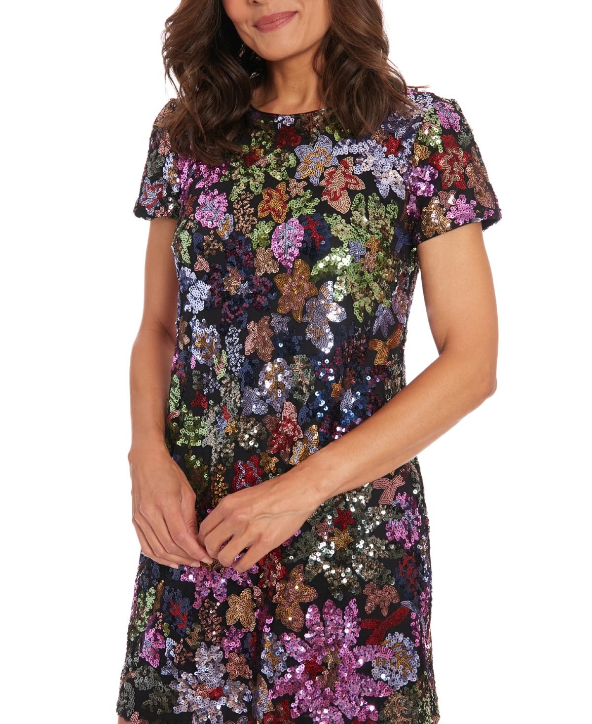 Petite Floral-Sequin Round-Neck T-Shirt Dress