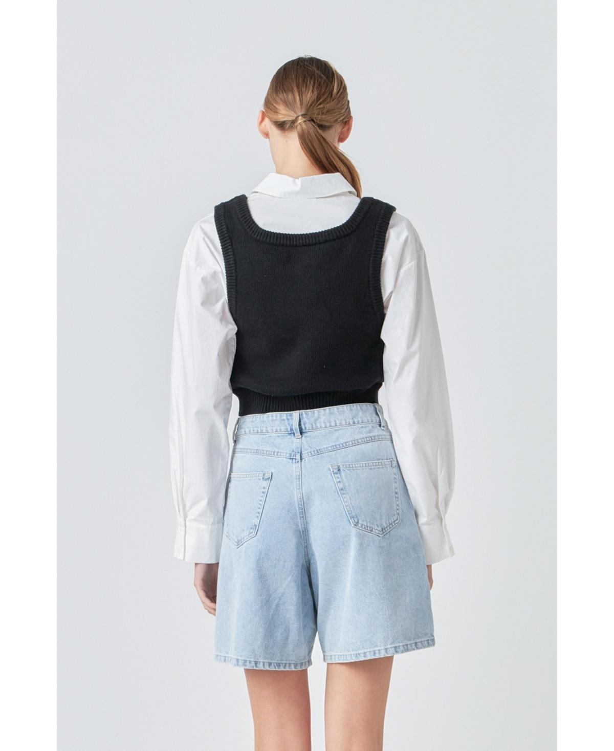 Women's Cropped Knit Top Over Shirt