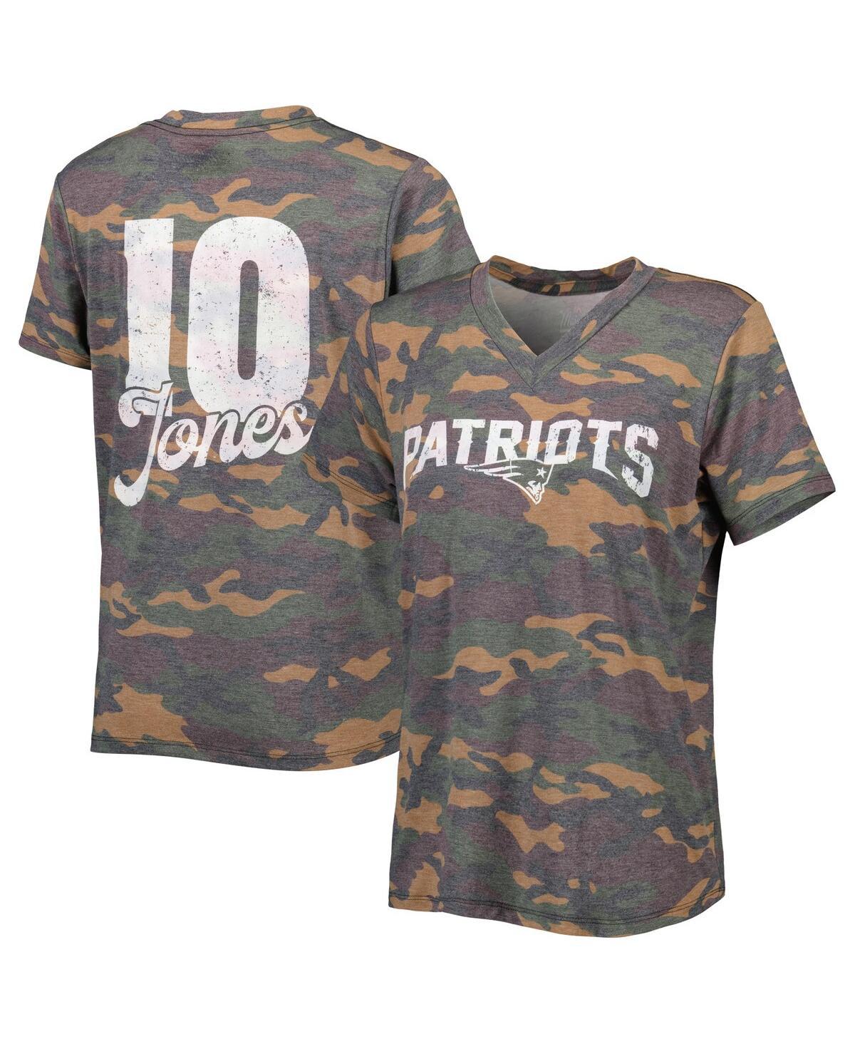 Women's Threads Mac Jones Camo Distressed New England Patriots Name and Number V-Neck T-shirt