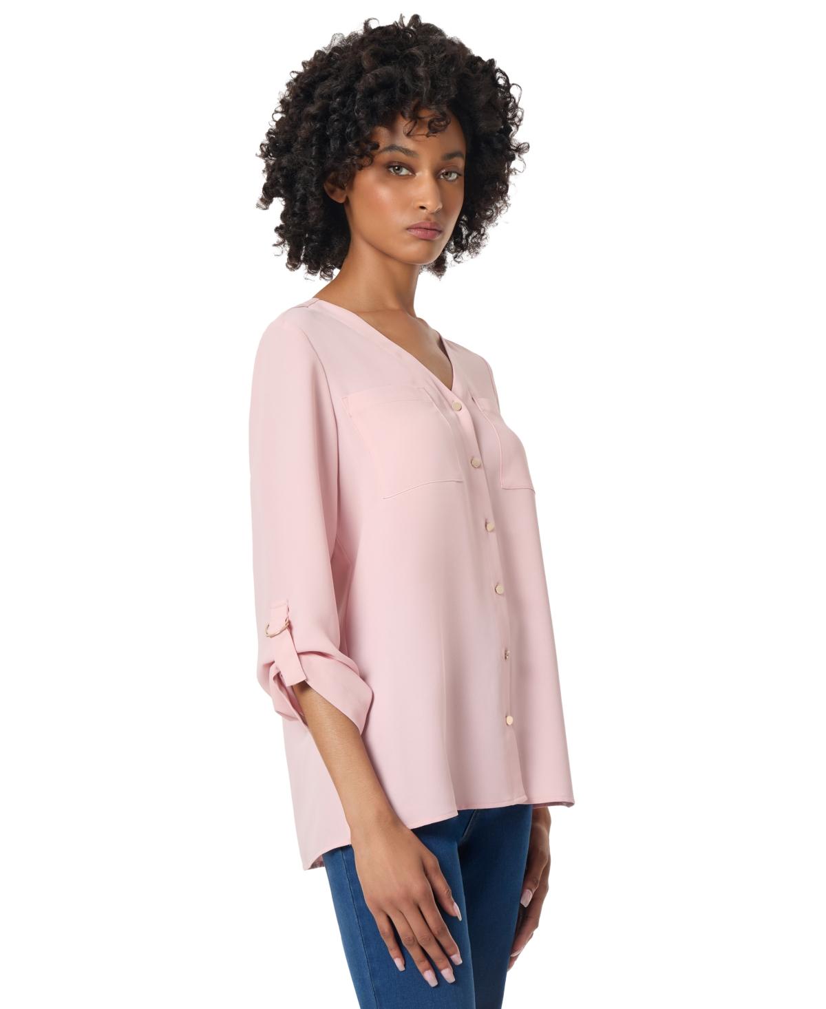 Women's Long Sleeve Collarless Tunic with D-Rings Top