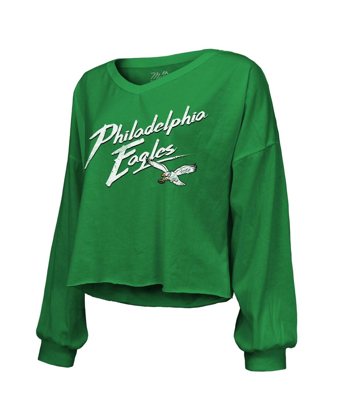 Women's Threads Saquon Barkley Kelly Green Philadelphia Eagles Name Number Off-Shoulder Script Cropped Long Sleeve V-Neck T-Shirt