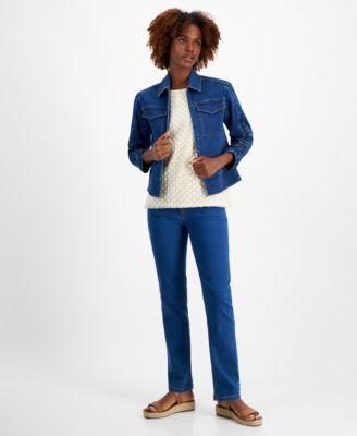 Women's Shirred-Sleeve Denim Jacket, Lafayette Lace Top &  Lexington Straight-Leg Jeans