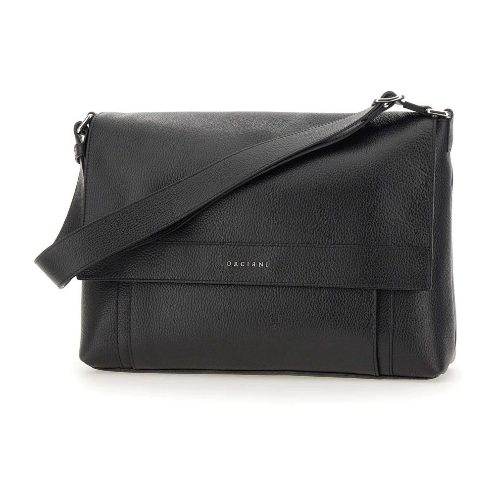 Black Leather Shoulder Bag with Flap