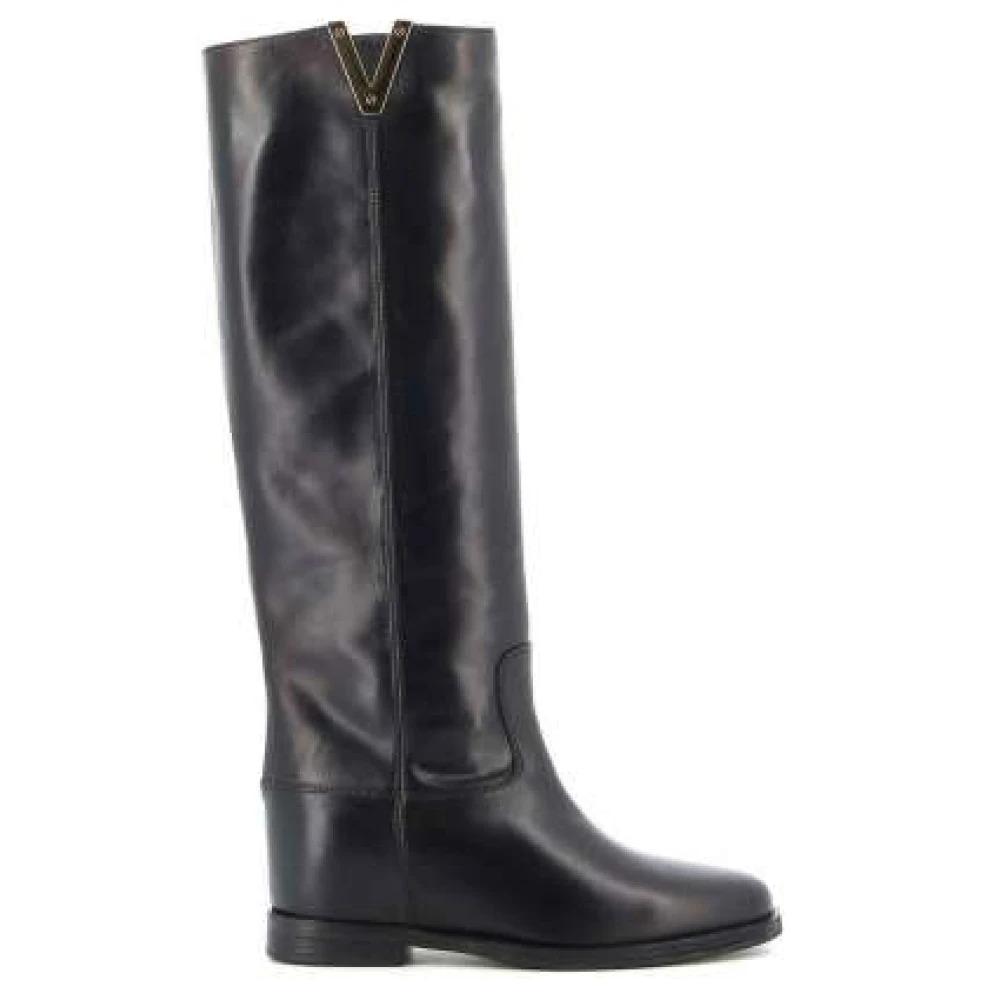 Black Leather Wedge Boots with Gold Side Detail