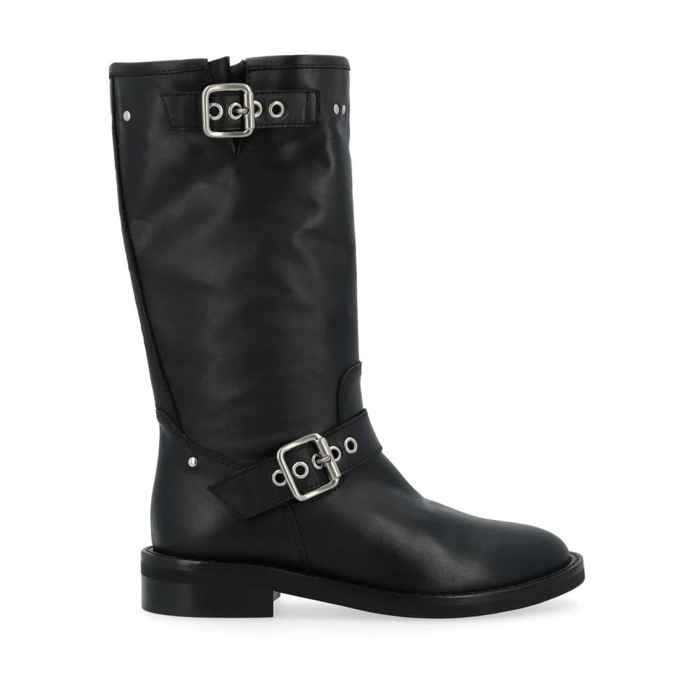 Black Leather Biker Boot with Silver Buckles