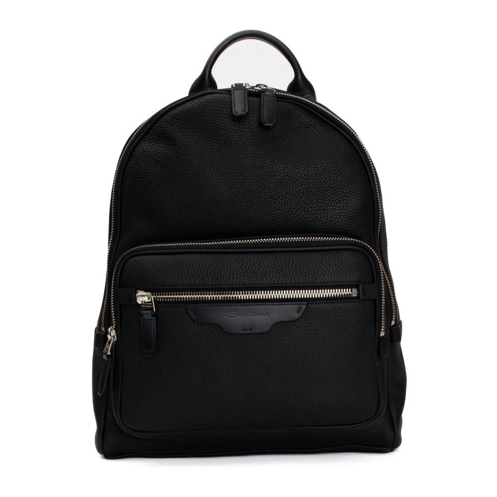 Black Leather Backpack with Multiple Pockets