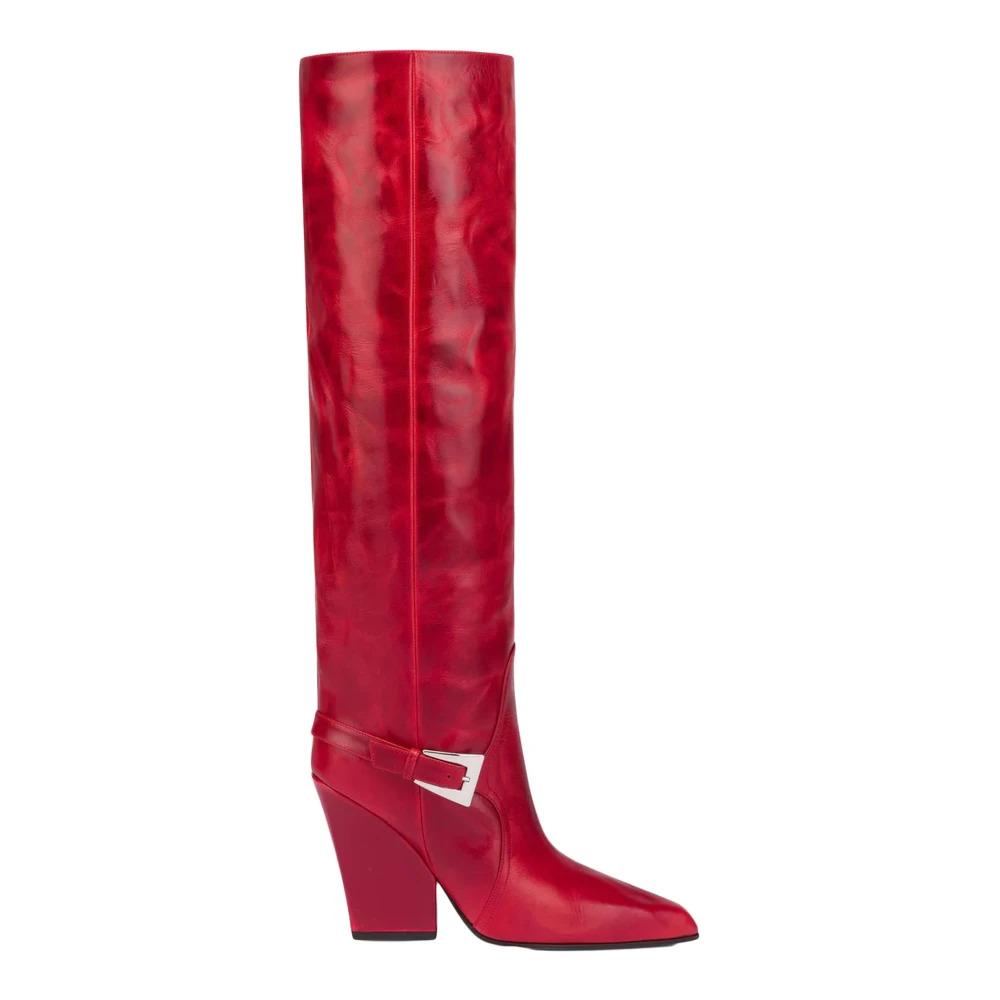 Red Buckle Knee-High Leather Boots