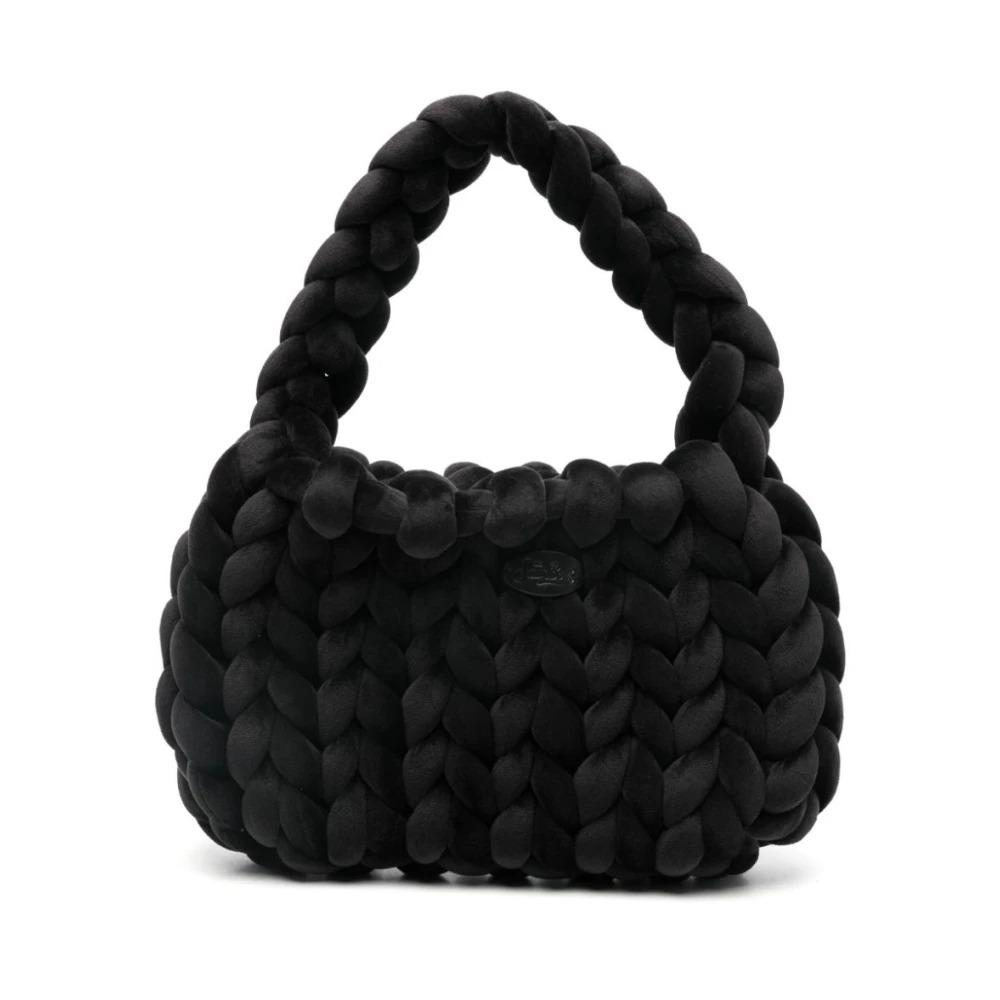 Black Knit Shoulder Bag with Logo Patch