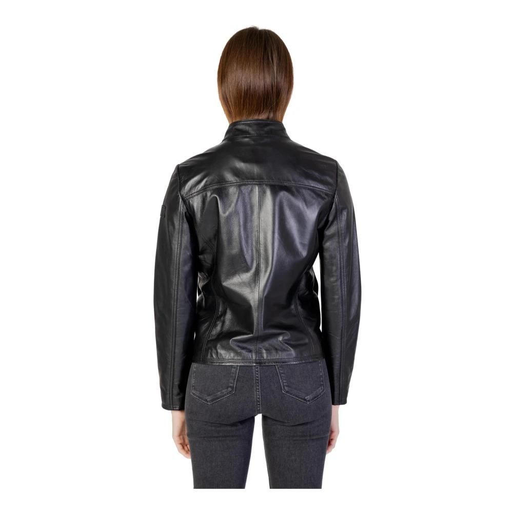 Black Leather Zippered Mandarin Collar Blazer