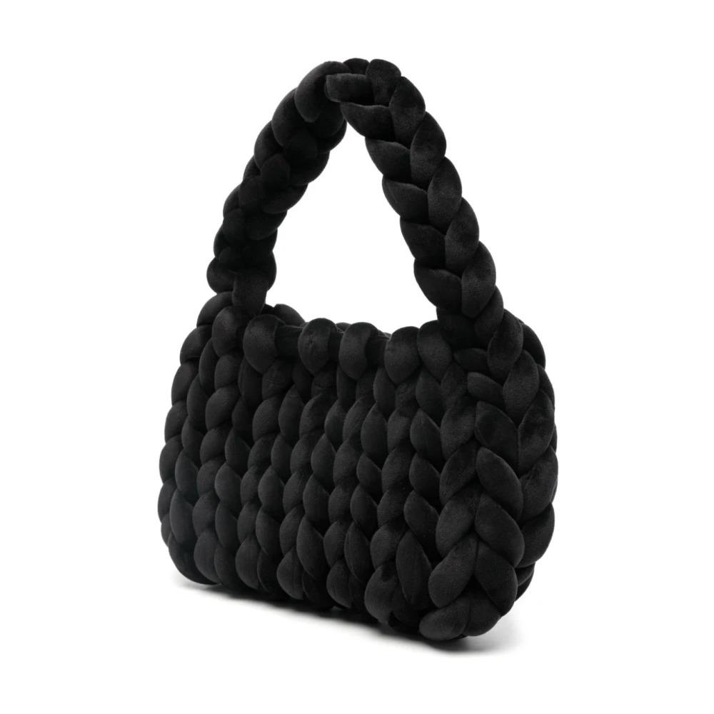 Black Knit Shoulder Bag with Logo Patch