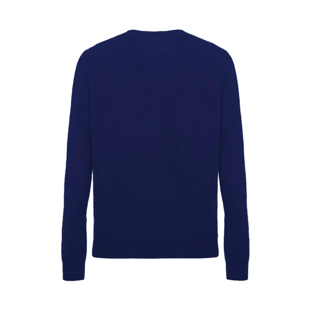 Blue Cashmere Sweater with Check Embroidery