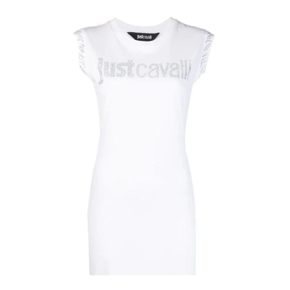 White Cotton Jersey Dress with Rhinestone Logo