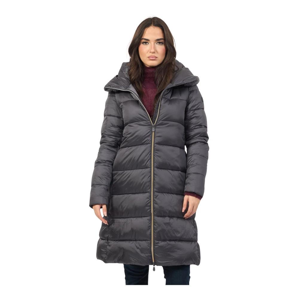 Grey Quilted Hooded Long Coat