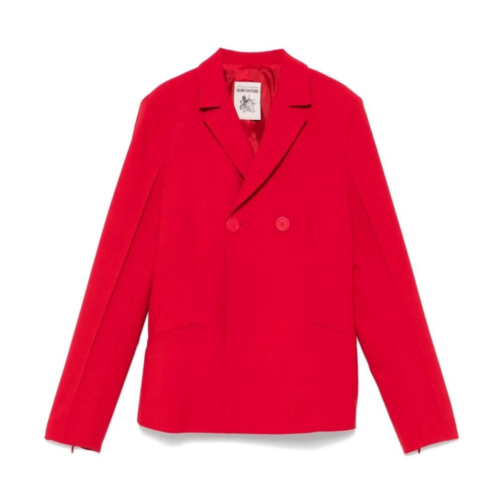 Red Double-Breasted Jacket with Striped Lining