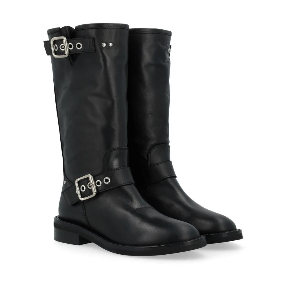 Black Leather Biker Boot with Silver Buckles