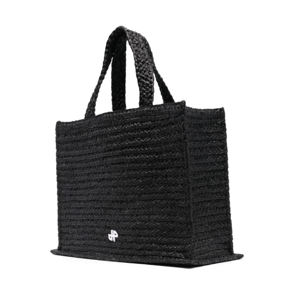 Black Raffia Tote Bag with Logo Appliqué