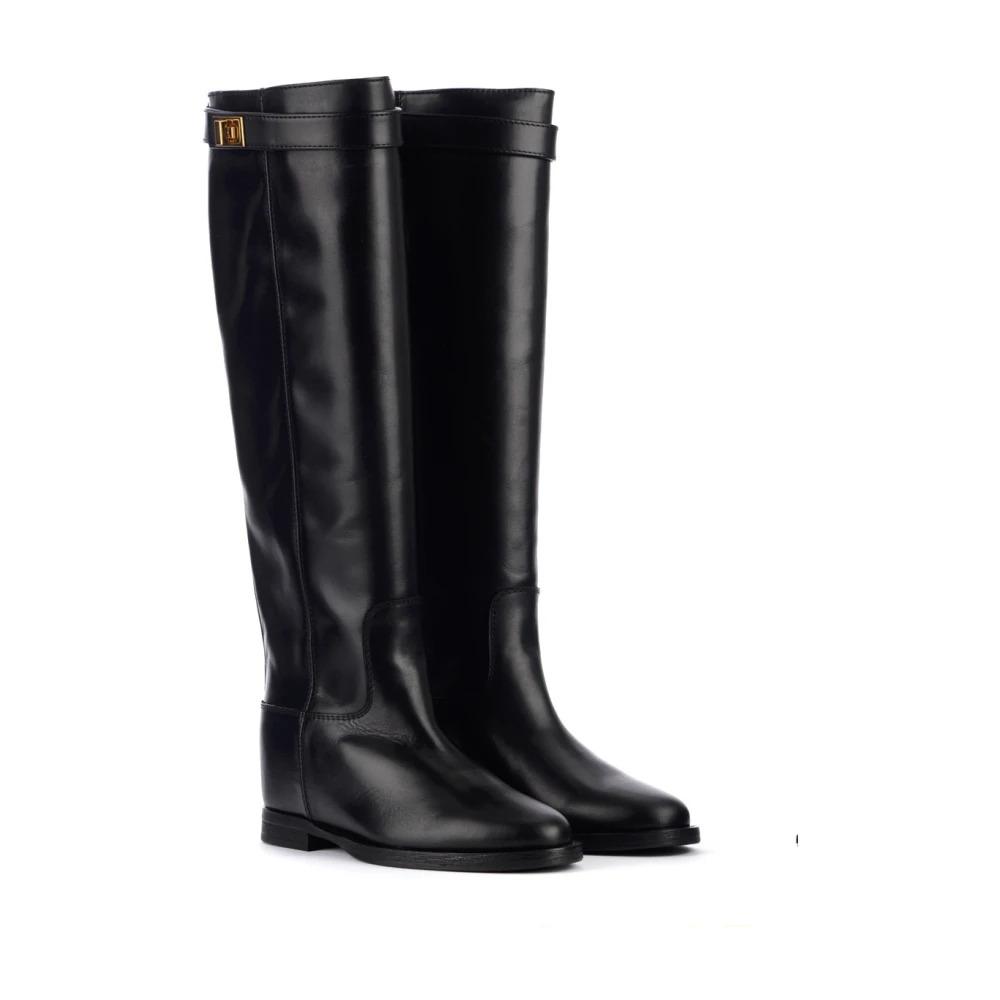 Black Leather Boot with Golden Padlock