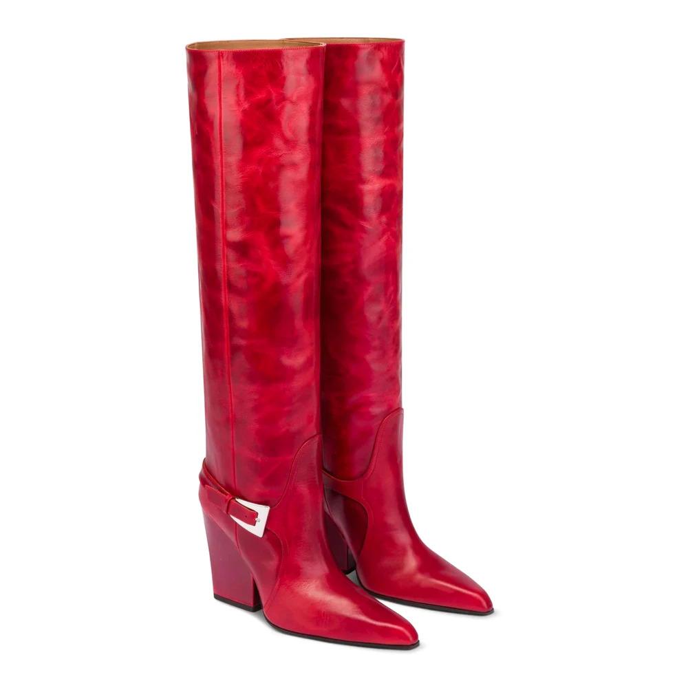 Red Buckle Knee-High Leather Boots