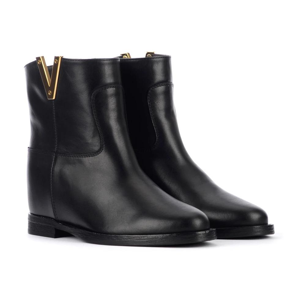 Black Leather Ankle Boot with Golden Metal V