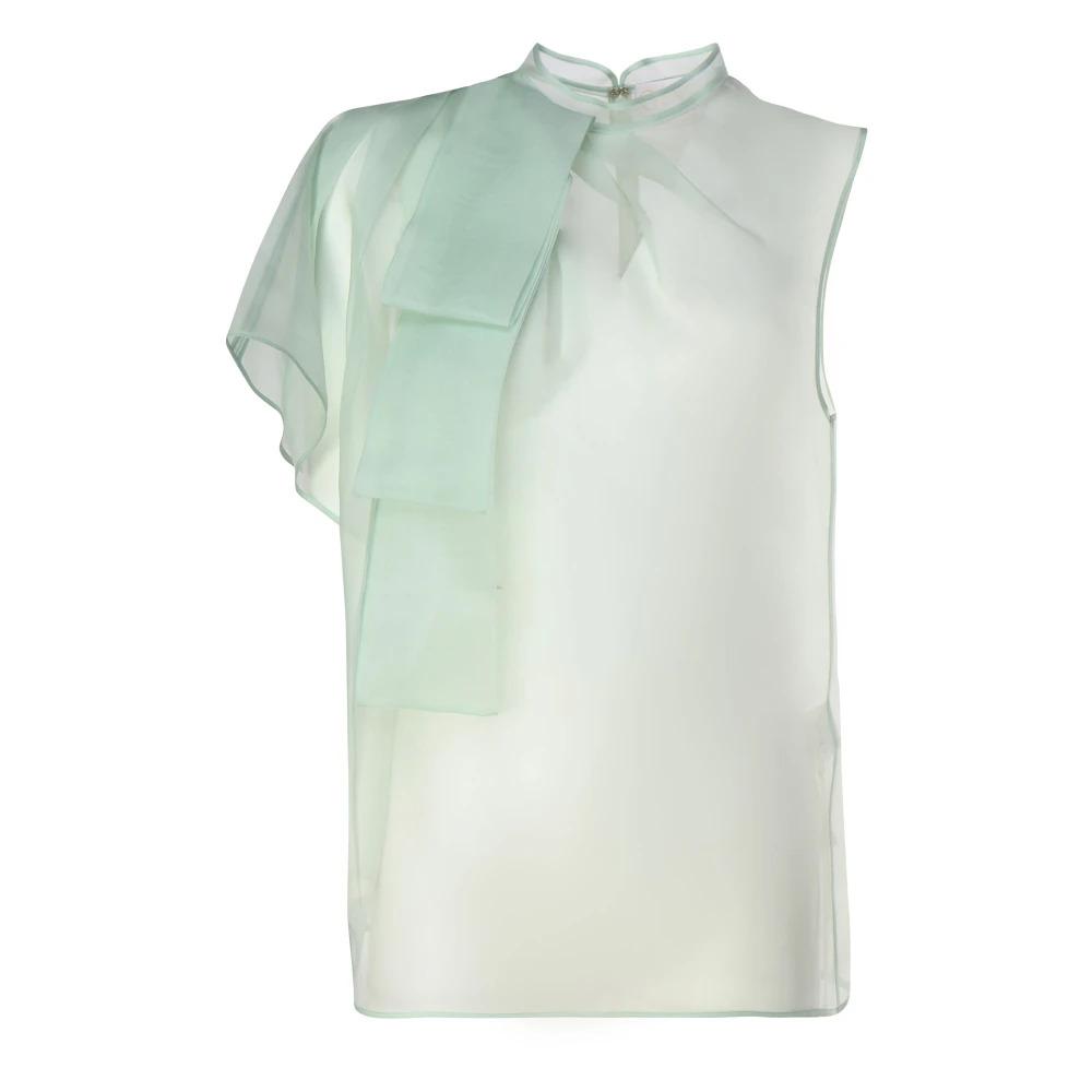 Asymmetric Silk Top with Ruffled Sleeves