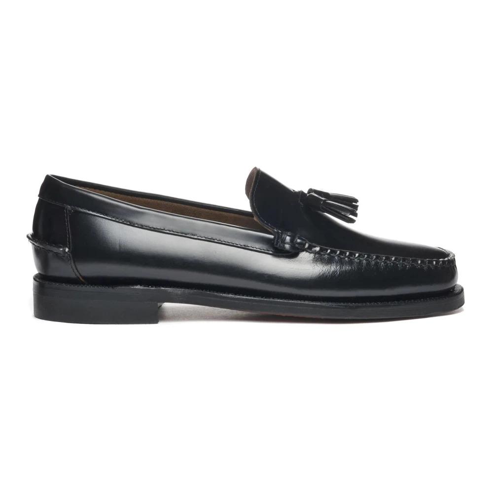 Black Leather Moc Toe Loafer with Tassels