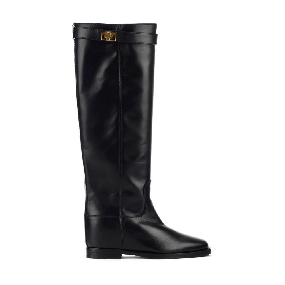 Black Leather Boot with Golden Padlock