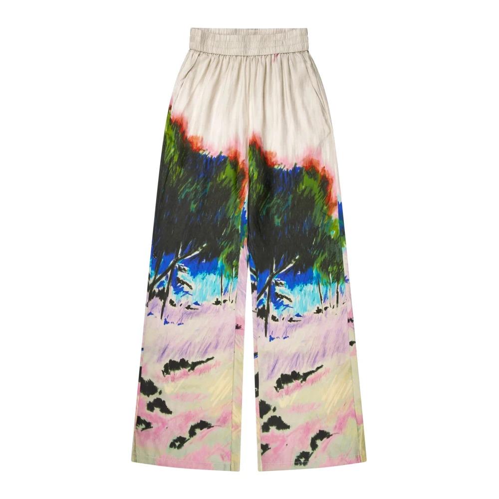 Landscape Print Silk Elastic Waist Pants