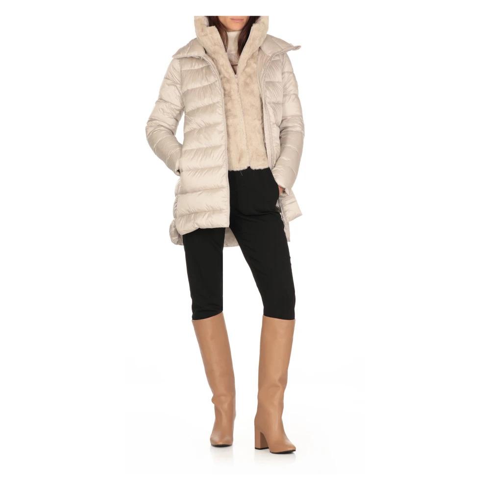 Beige Padded Jacket with Faux Fur Hood