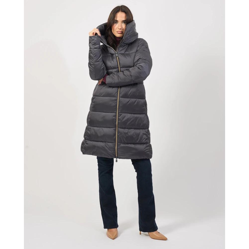 Grey Quilted Hooded Long Coat