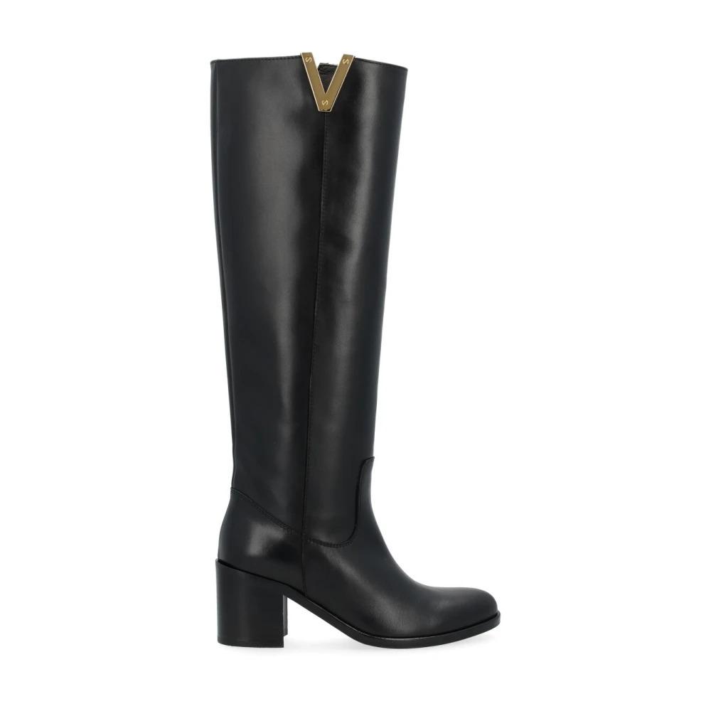 Black Leather High Heel Boot with Golden V