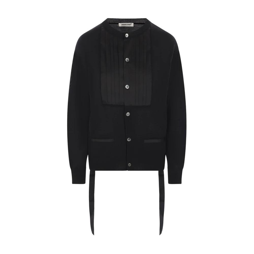 Black Wool Cardigan with Satin Details