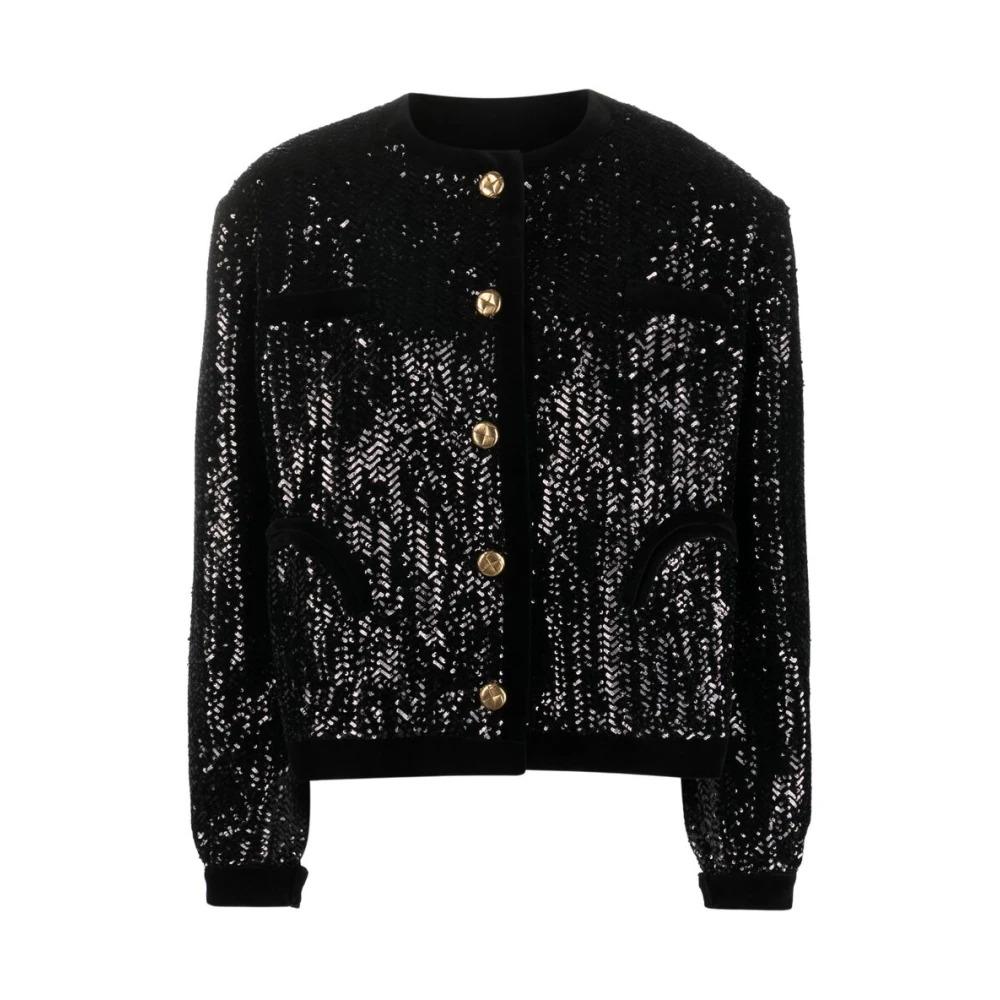 Sequin Crew Neck Velvet Trim Jacket