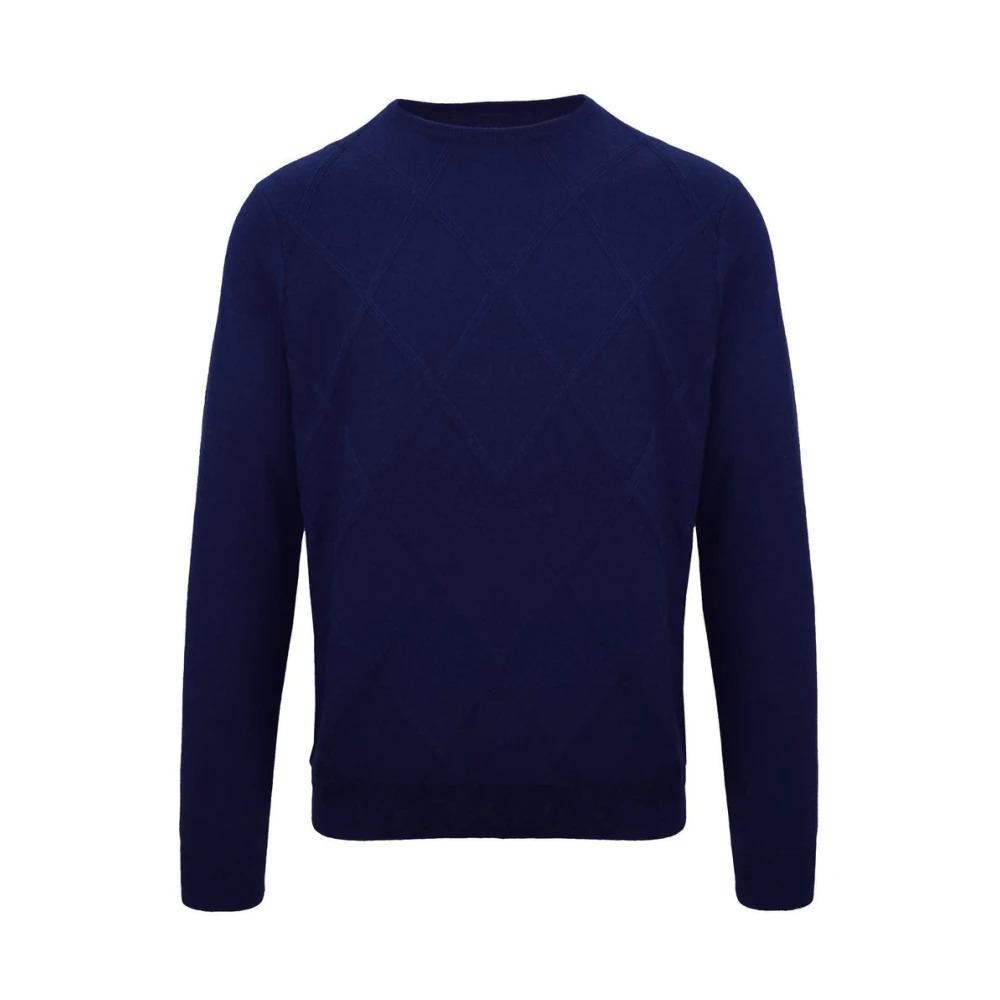 Blue Cashmere Sweater with Check Embroidery