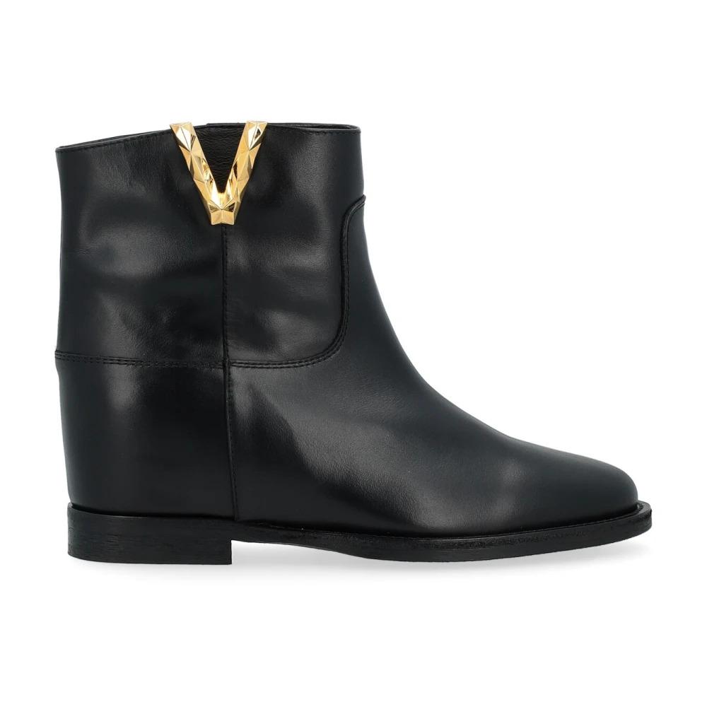 Black Leather Ankle Boot with Faceted Metal V