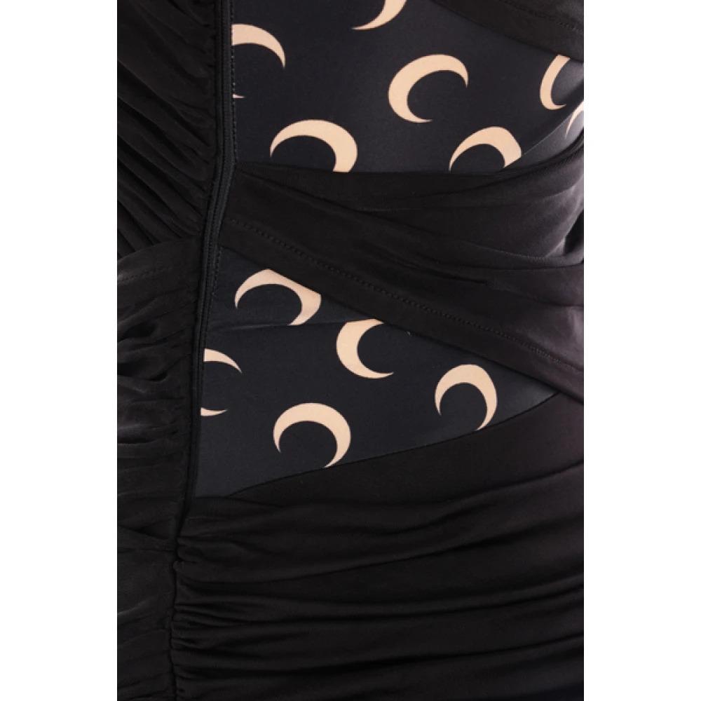 Black Draped Stretch Viscose Dress with Moon Print