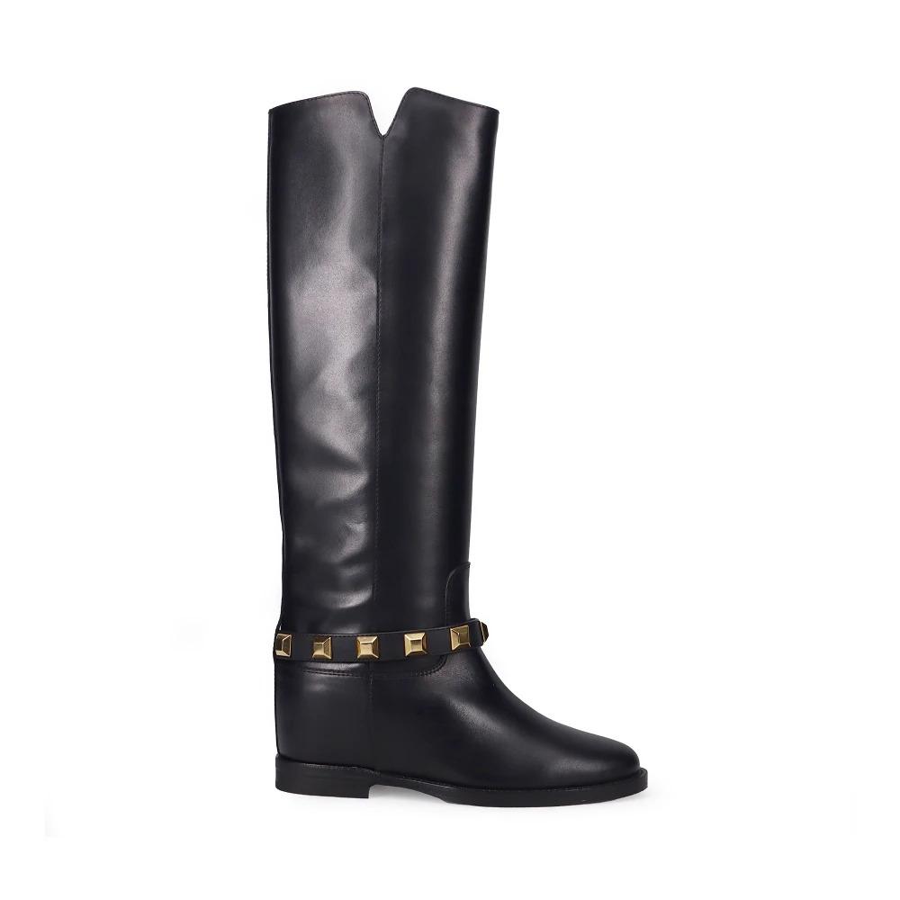 Black Leather Wedge Boots with Stud Decoration