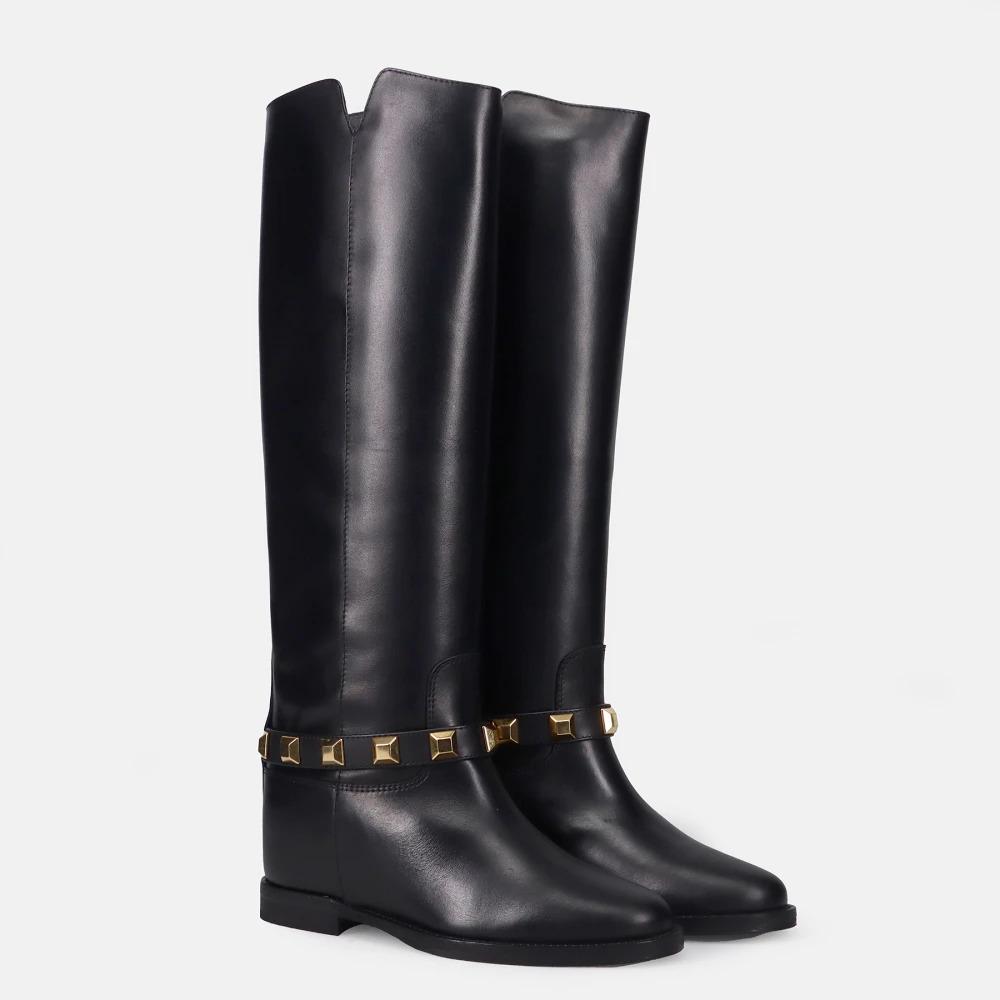 Black Leather Wedge Boots with Stud Decoration