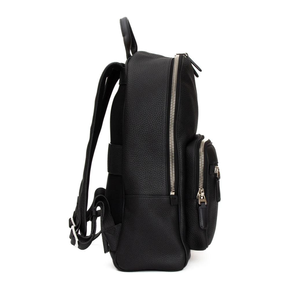 Black Leather Backpack with Multiple Pockets