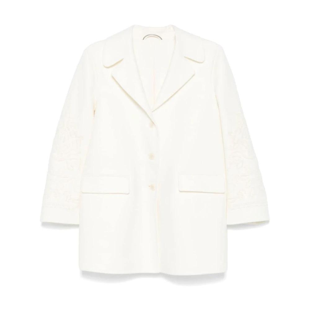 White Wool Coat Embroidered Motif