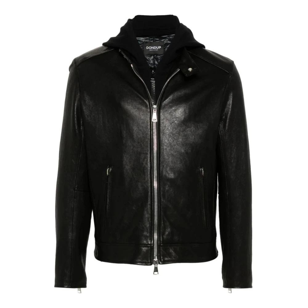 Black Leather Hooded Coat Hammered Texture