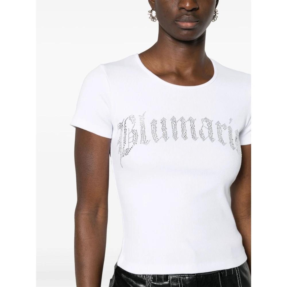 White Ribbed T-Shirt with Rhinestone Logo